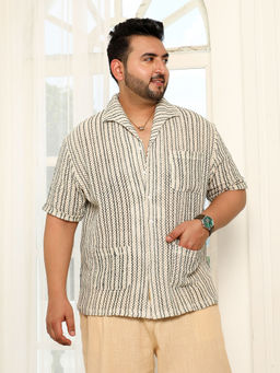 Instafab Plus - Men Off-White Striped Crochet Shirt