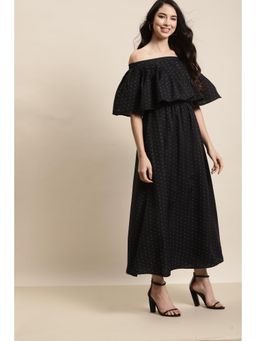 Qurvii - Black Printed Off- Shoulder Dress