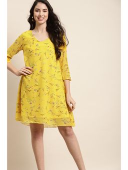 Qurvii - Yellow A Line Floral Midi Dress