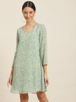 Qurvii - Mint Green A- Line Floral Dress