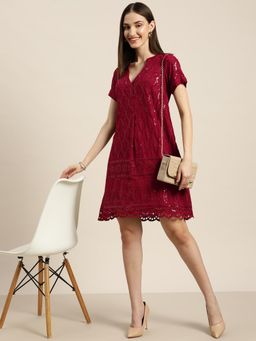 Qurvii - Maroon Sequins Schiffli Party Dress