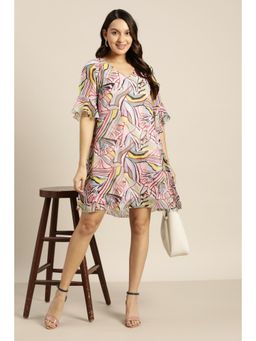 Qurvii - Pink Floral Abstract Print Dress