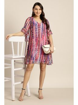 Qurvii - Pink Abstract Water Colour Print A-Line Dress