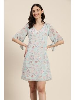 Qurvii - A-Line Sky Blue Floral Georgette Dress