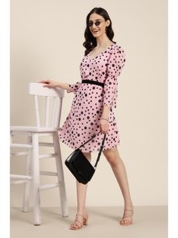 Qurvii - A-Line Pink Polka Georgette Dress