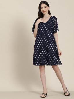 Qurvii - Navy Blue Polka Dot Dress