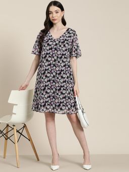 Qurvii - Black Floral A Line Dress