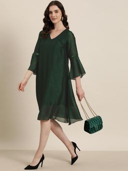 Qurvii - Emerald Green Silk A-Line Sequins Embellished Dress
