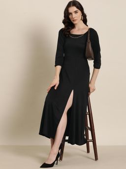 Qurvii - Black Party Long Dress with Gold Chain Embellishment
