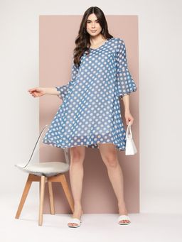 Qurvii - Powder Blue Polka Dot Georgette A-Line Dress