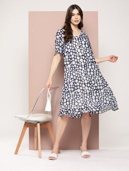 Qurvii - Navy Blue Polka Dot Georgette A-Line Dress