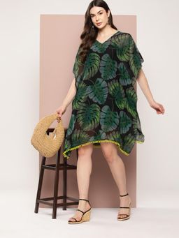 Qurvii - Green Tropical Print Kaftan Dress with Tassels