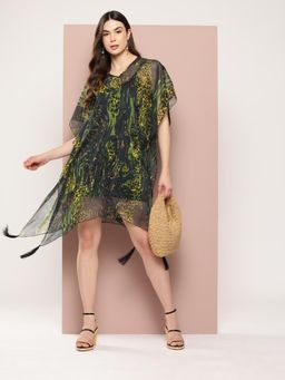 Qurvii - Green Printed Kaftan Dress with Tassels