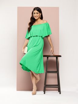 Qurvii - Green Off -Shoulder Ruffle Jersey Dress