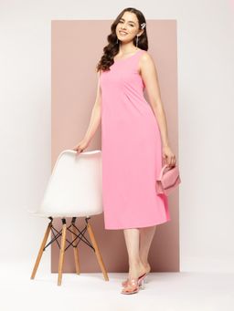 Qurvii - Pink Lycra A-Line Midi Dress