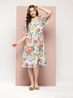 Qurvii - Blue Floral Printed A-Line Summery Dress