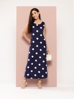 Qurvii - Navy Blue Big Polka Dot A-Line Dress