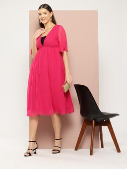 Qurvii - Pink Sequins Embellished Fit and Flared Party Dress
