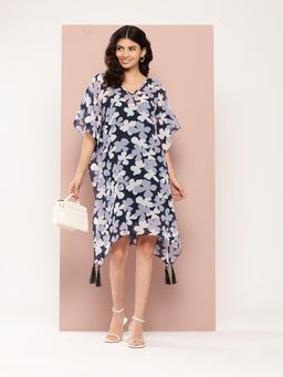 Qurvii - Navy Blue Floral Kaftan Dress