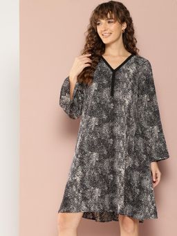 Qurvii - Black Printed A-Line Dress with Bell Sleeves