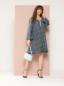 Qurvii - Printed A-Line Dress with Bell Sleeves