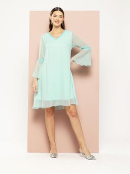 Qurvii - Sequins Embellished Turquoise Georgette Party Dress