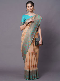 Akhilam - Cream Party Wear Silk Blend woven Saree with Unstitched Blouse