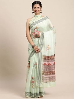 Odette - Womens Soft Silk Green Printed Designer Saree with Unstitched Blouse