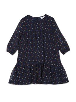 U.S. POLO ASSN. - Girls Navy All Over Brand Print Long Sleeve A-line Dress