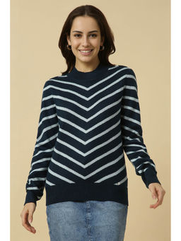 Allen Solly - Navy Blue Stripes Regular Fit Sweater
