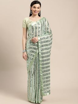 VAIRAGEE - Designer Green Toned Striped Sequined Pure Georgette Saree with Unstitched Blouse