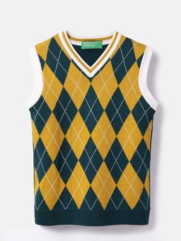 United Colors of Benetton - Boys Multi-Color Regular Fit Checks Sweater