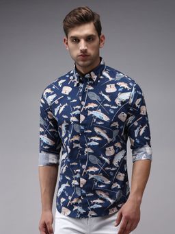 SHOWOFF - Men Navy Blue Collar Neck Abstract Print Comfort Fit Shirt