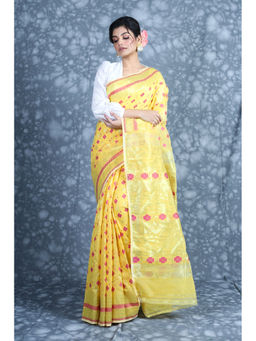 CHARUKRITI - Zari Weaving Yellow Jamdani Saree with Unstitched Blouse