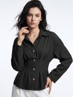 Outzidr - Women Black Full Sleeves Front Pleated Shirt