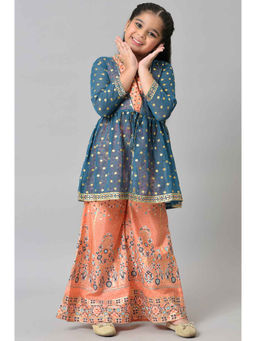 Aurelia - Girls Blue Floral Gilet with Peach Crop Top and Straight Palazzo (Set of 3)