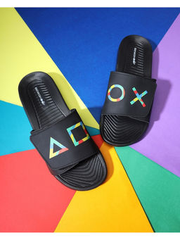 Bewakoof - Mens Black Game Over Printed Adjustable Strap Comfysole Sliders