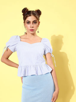 Marie Claire - Women Casual Light Blue Colour Sweetheart Neck Vertical Stripes Peplum Top