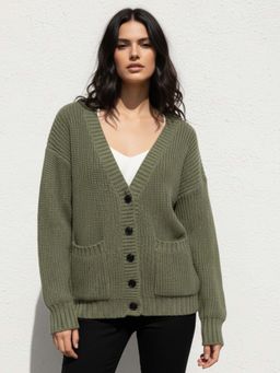 Outzidr - Olive Full Sleeve Double Pockets Slouchy Cardigans