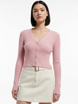 Outzidr - Pink Full Sleeve Buttoned Cardigan