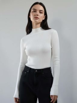 Outzidr - White Full Sleeve High Neck Fitted Sweater