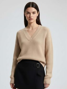 Outzidr - Taupe Full Sleeve V Neck Sweater