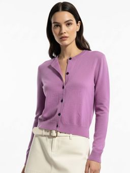 Outzidr - Women Lavender Full Sleeve Front Buttoned Slouchy Cardigan