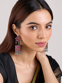 Azai by Nykaa Fashion - Silver Oxidised Multicolor Stone Dangler Jhumki Earrings