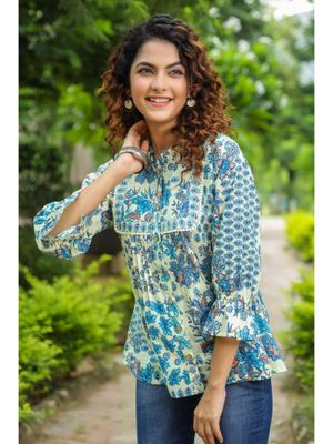 White & Blue Floral Printed Top With Round Neck & Flared Sleeves main image 0