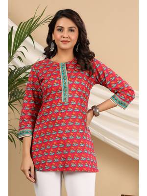 Buy Rain & Rainbow Fuchsia Ethnic Motifs Printed Pure Cotton Kurti Online