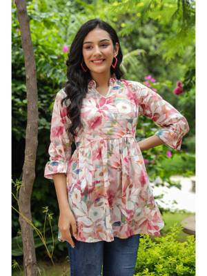 Buy Rain & Rainbow Peach Color Floral Printed A-Line Kurti Online