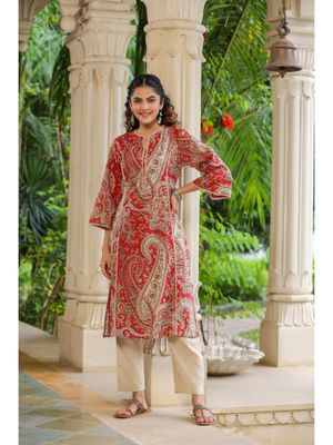 Buy Rain & Rainbow Red Ethnic Motifs Printed V- Neck Flared Sleeves ...