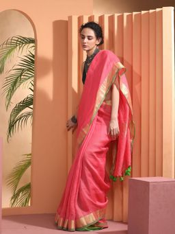 Beatitude - Pink Woven Linen Saree with Unstitched Blouse