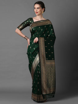 Akhilam - Womens Silk Blend Green Woven Designer Saree with Unstitched Blouse